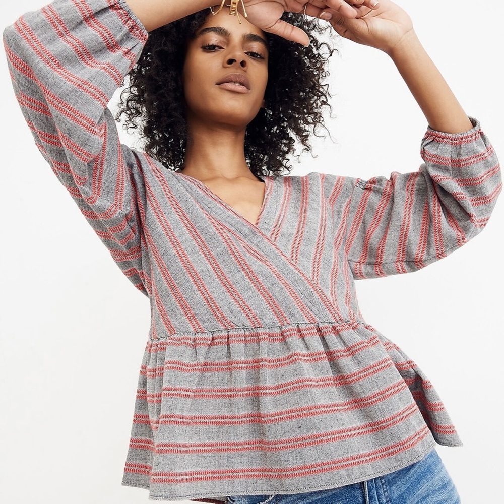Madewell Striped Bubble-Sleeve Peplum Top S